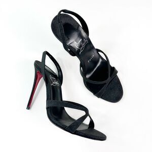 CHRISTIAN LOUBOUTIN Black Glitter Emilie Heel Size 37 Slingback Strass Strappy